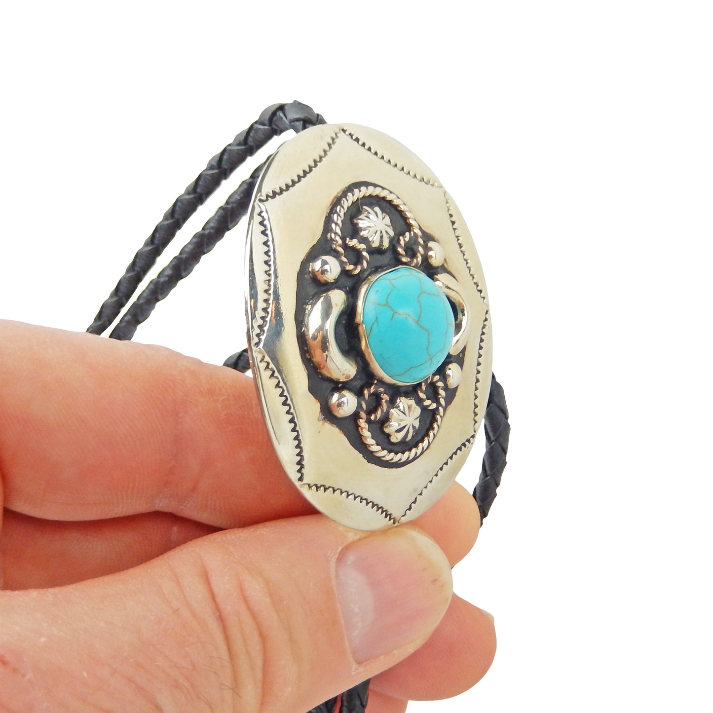 German Silver Oval Turquoise Bolo Tie Adjustable 36 inch Black Cord Made in USA