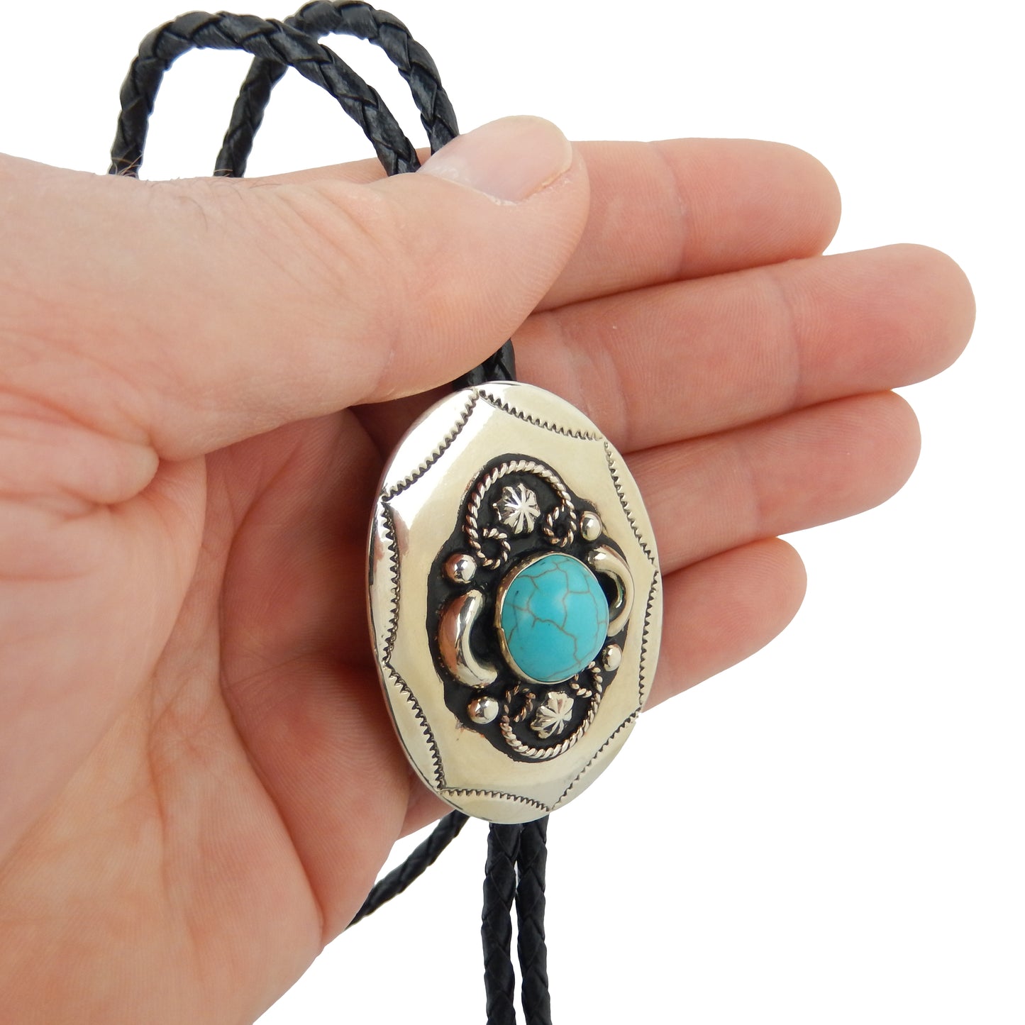 German Silver Oval Turquoise Bolo Tie Adjustable 36 inch Black Cord Made in USA