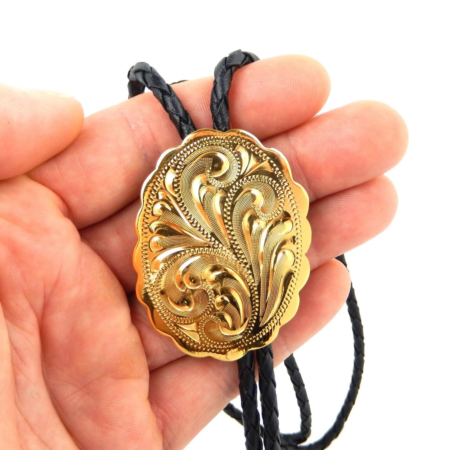 Yellow Gold Plated Etched Floral Oval Bolo Tie 36 inch Black Cord Made in USA