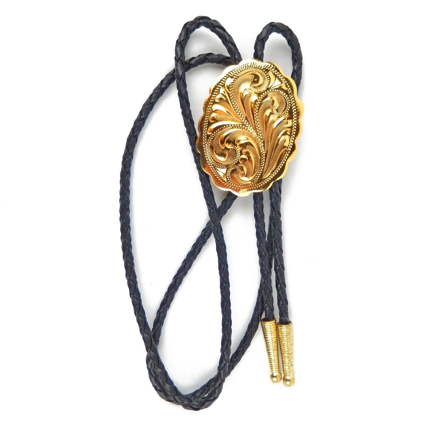 Yellow Gold Plated Etched Floral Oval Bolo Tie 36 inch Black Cord Made in USA