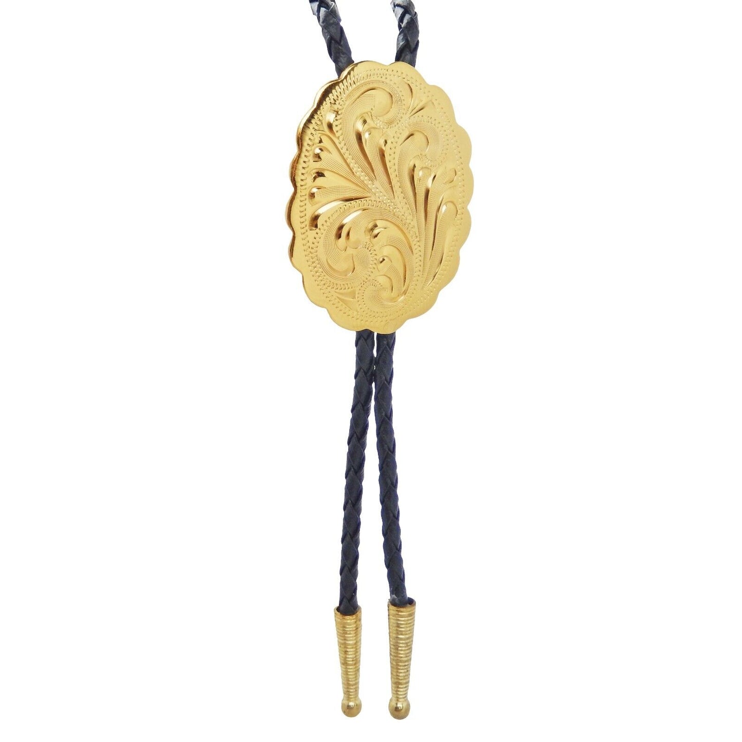 Yellow Gold Plated Etched Floral Oval Bolo Tie 36 inch Black Cord Made in USA