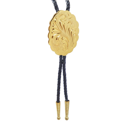 Yellow Gold Plated Etched Floral Oval Bolo Tie 36 inch Black Cord Made in USA