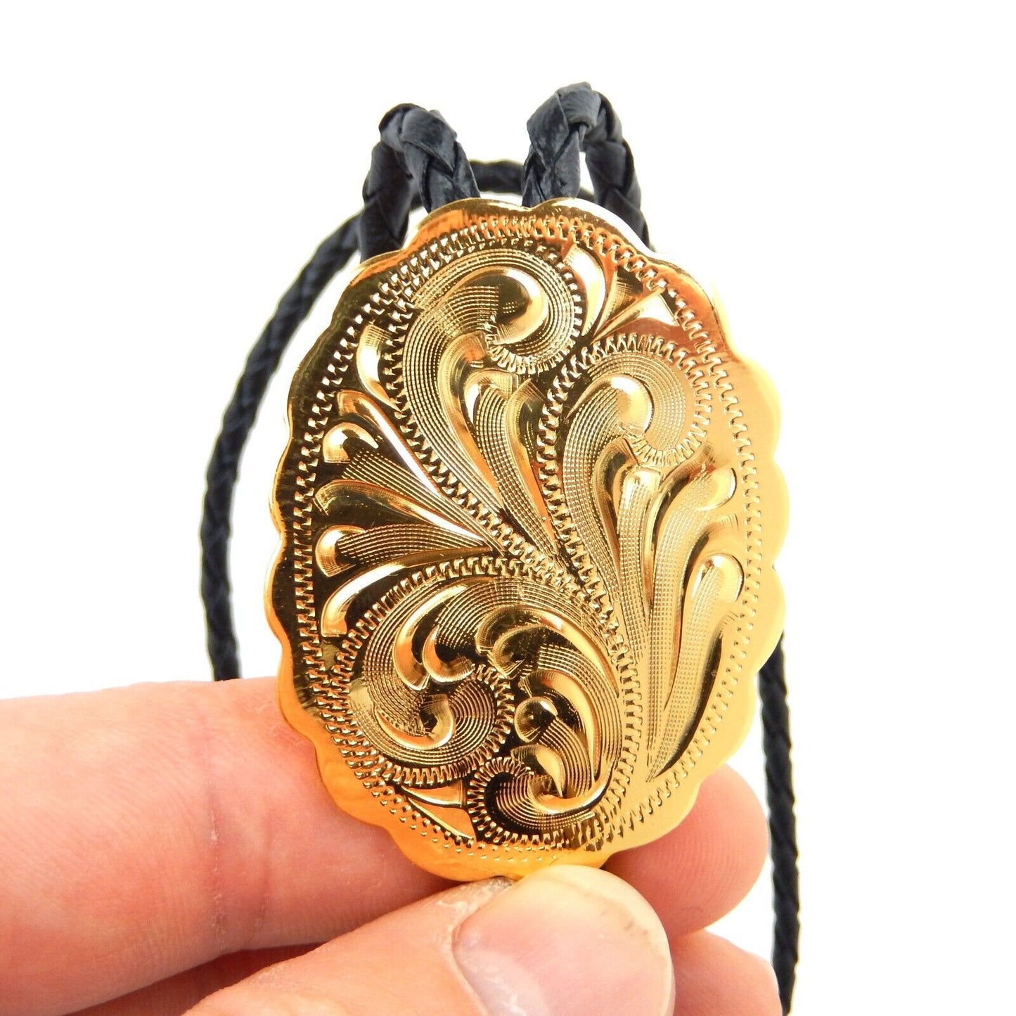 Yellow Gold Plated Etched Floral Oval Bolo Tie 36 inch Black Cord Made in USA