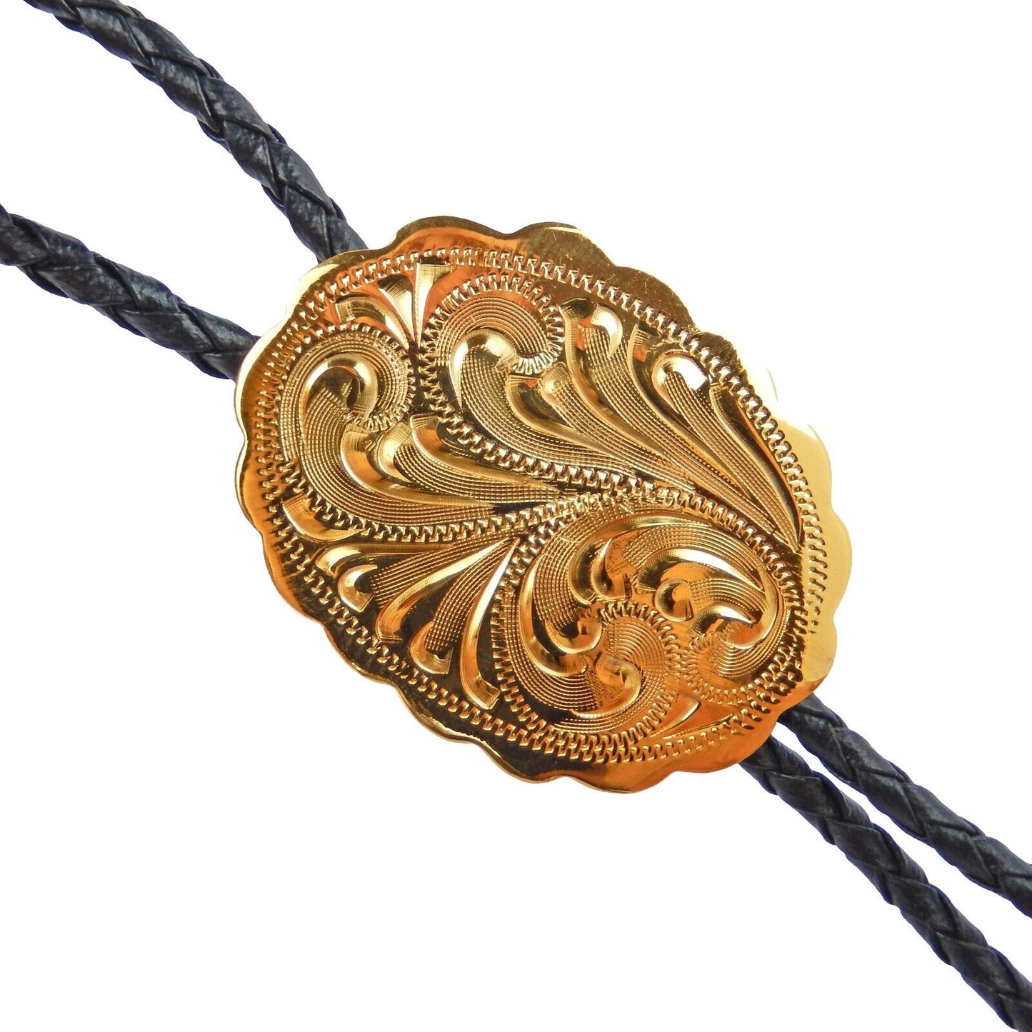 Yellow Gold Plated Etched Floral Oval Bolo Tie 36 inch Black Cord Made in USA