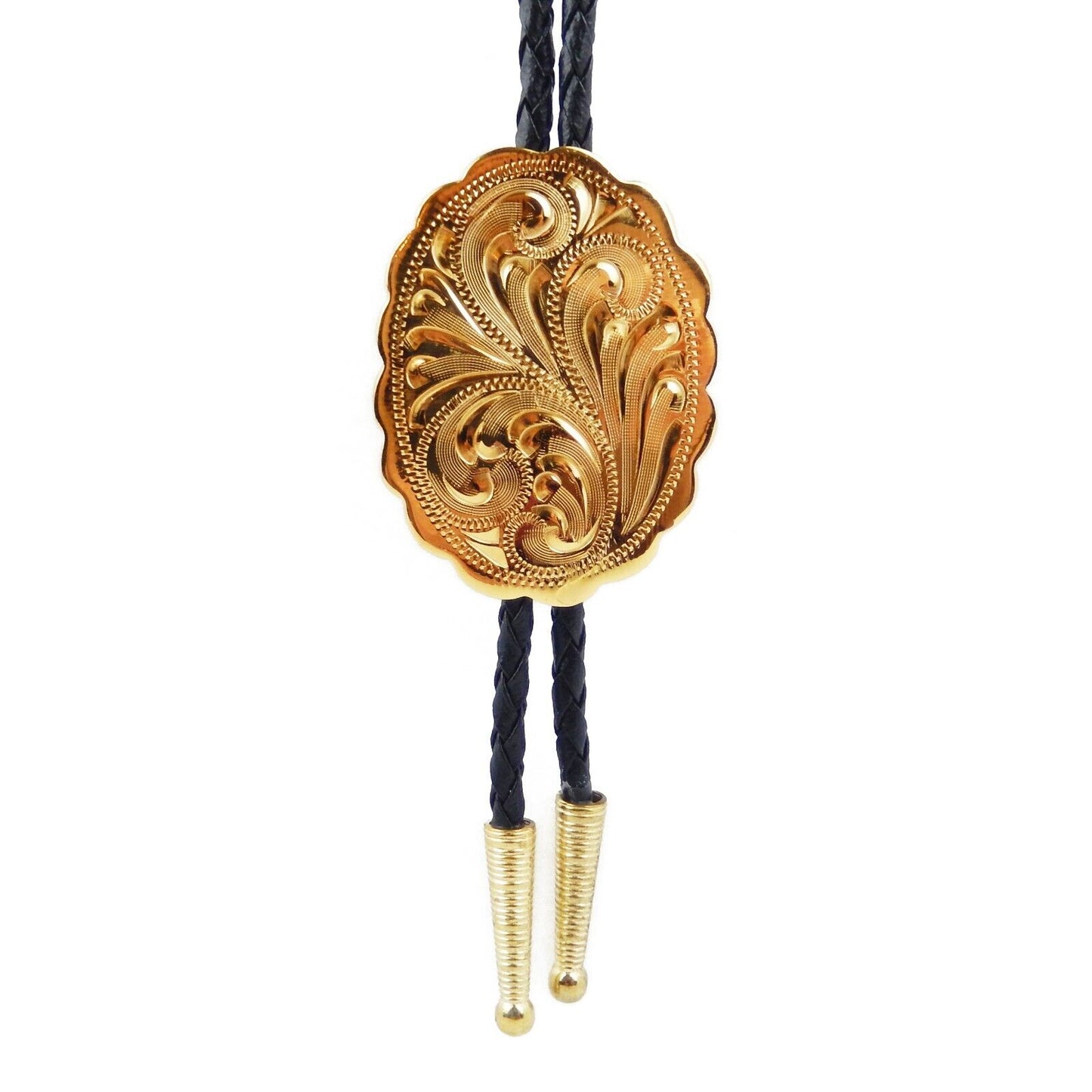 Yellow Gold Plated Etched Floral Oval Bolo Tie 36 inch Black Cord Made in USA