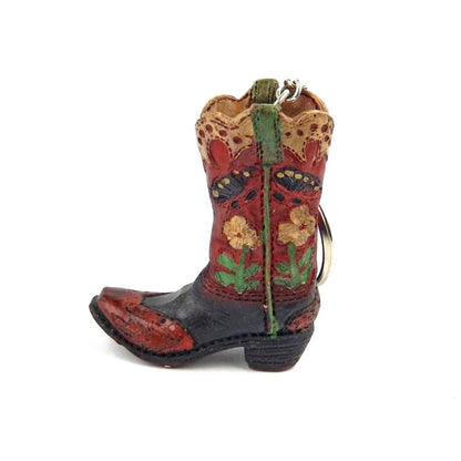 Tiny Cowboy Boot Keychain Key Ring Hand Painted Polyresin Western Style Floral