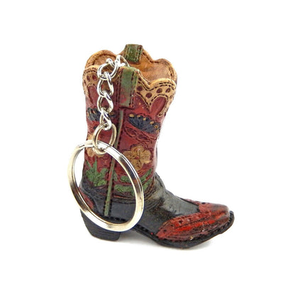 Tiny Cowboy Boot Keychain Key Ring Hand Painted Polyresin Western Style Floral