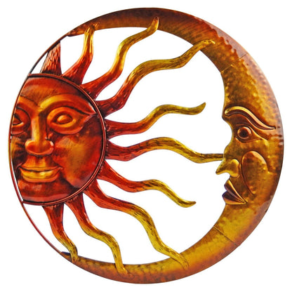 Tin Metal Sun & Moon Wall Decor Celestial Garden Decor Red and Orange 16.5 inch