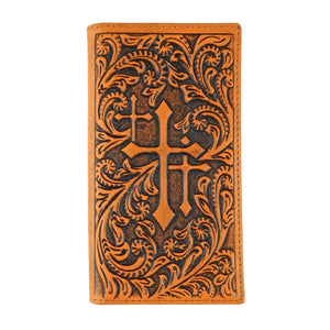 Western Tooled Crosses Floral Men's Rodeo Wallet Bi-Fold Genuine Brown Leather