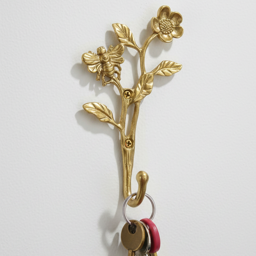 Gold Flower & Bee Metal Wall Hook Key Towel Coat Hanger Lightweight 6 inch Tall
