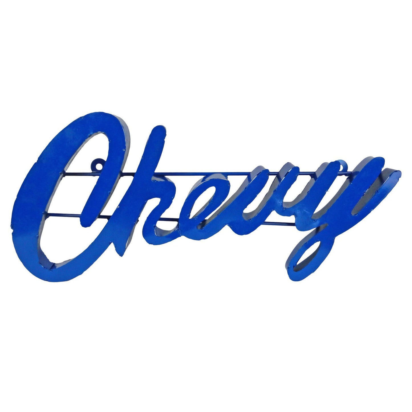 Large Recycled Metal Cursive Blue Chevy Logo Garage Wall Decor Sign Rustic 25 in