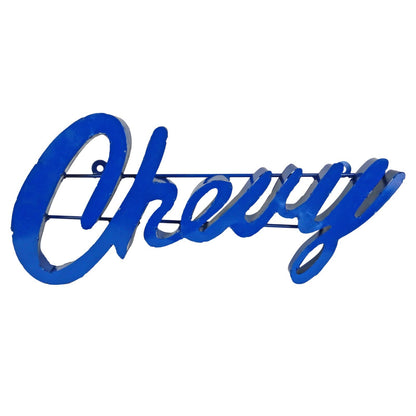Large Recycled Metal Cursive Blue Chevy Logo Garage Wall Decor Sign Rustic 25 in