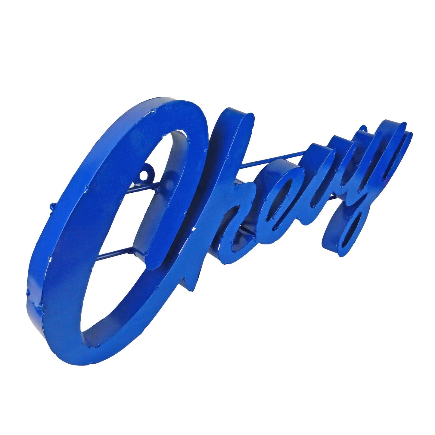 Large Recycled Metal Cursive Blue Chevy Logo Garage Wall Decor Sign Rustic 25 in