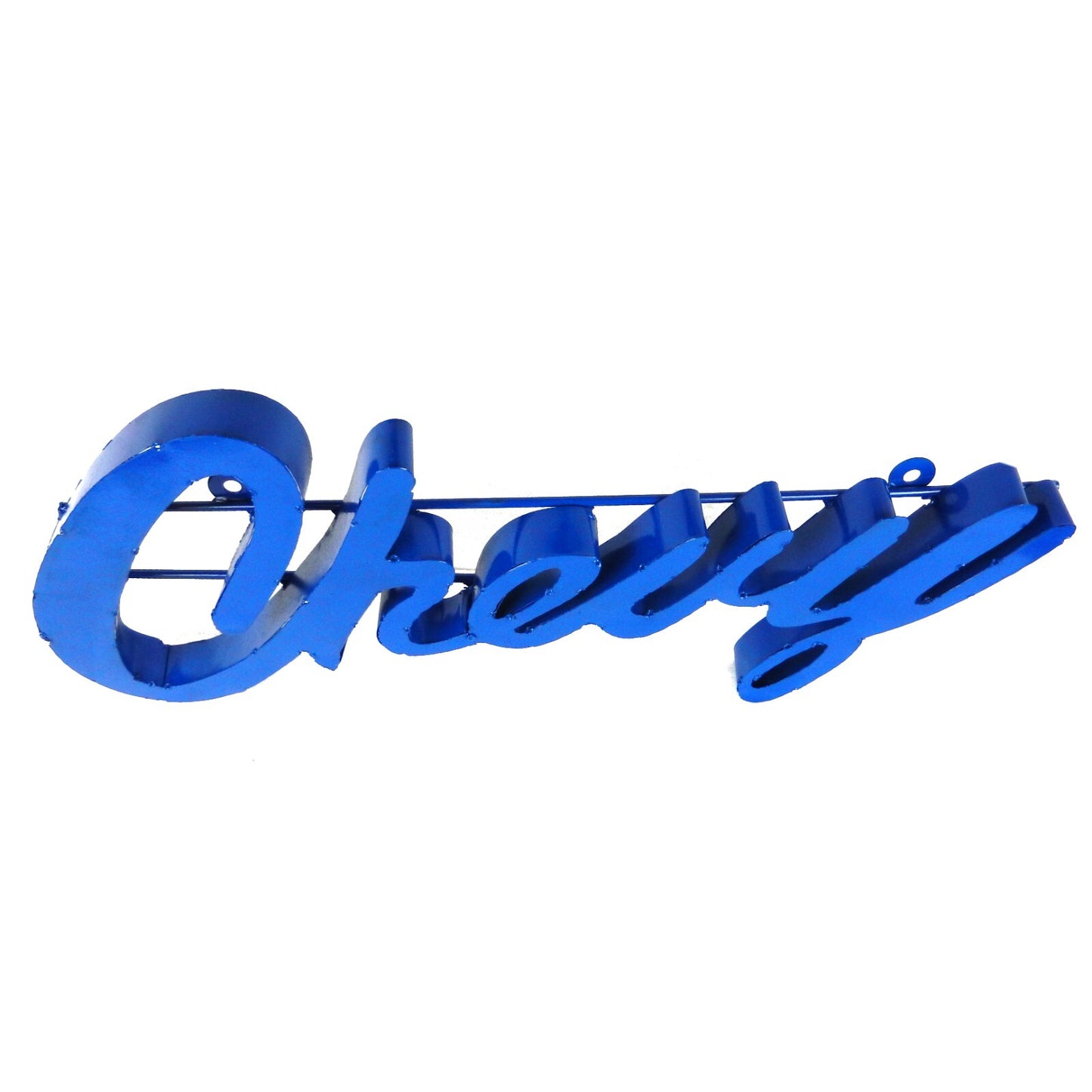 Large Recycled Metal Cursive Blue Chevy Logo Garage Wall Decor Sign Rustic 25 in
