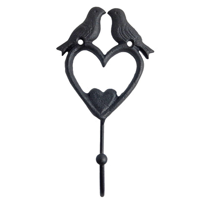 Black Metal Love Birds On Hearts Wall Hook Key Towel Coat Hanger 7 inch Tall
