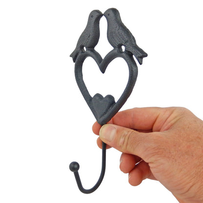 Black Metal Love Birds On Hearts Wall Hook Key Towel Coat Hanger 7 inch Tall