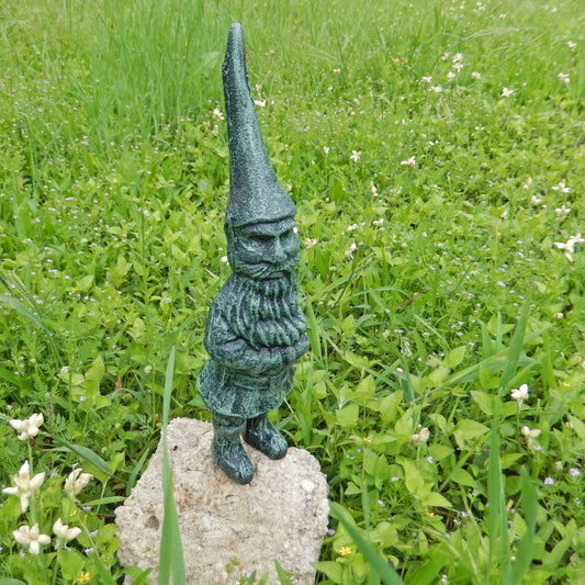 Green Cast Iron Garden Gnome Figurine Statue Antique Verdigris Finish 13 in Tall