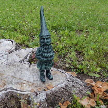 Green Cast Iron Garden Gnome Figurine Statue Antique Verdigris Finish 13 in Tall