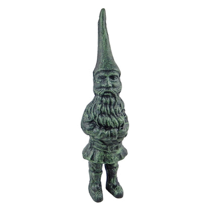 Green Cast Iron Garden Gnome Figurine Statue Antique Verdigris Finish 13 in Tall