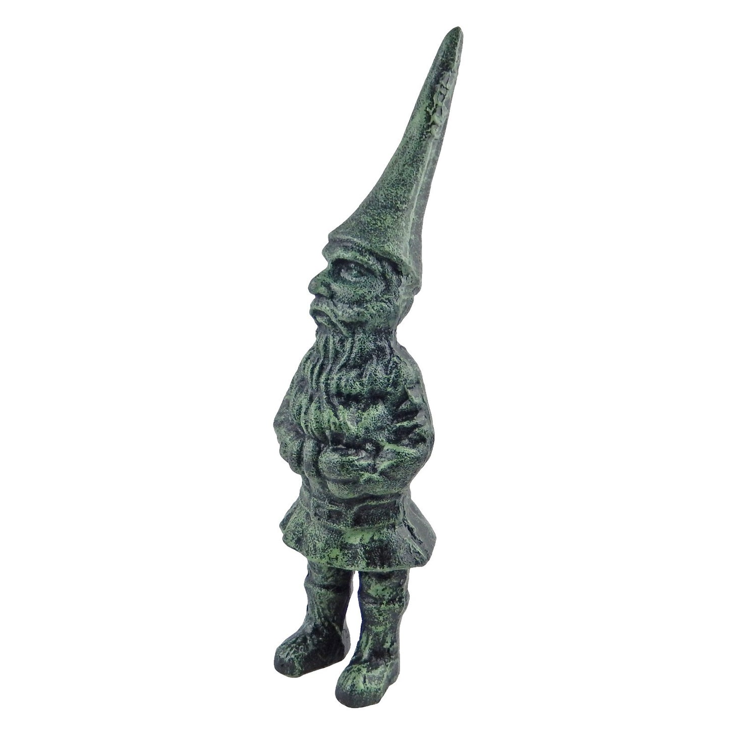 Green Cast Iron Garden Gnome Figurine Statue Antique Verdigris Finish 13 in Tall