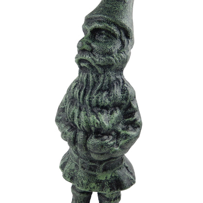 Green Cast Iron Garden Gnome Figurine Statue Antique Verdigris Finish 13 in Tall
