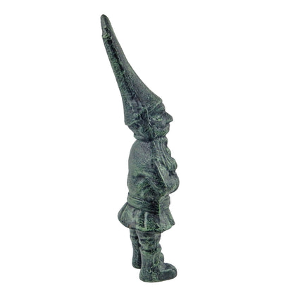 Green Cast Iron Garden Gnome Figurine Statue Antique Verdigris Finish 13 in Tall