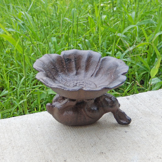 Small Cast Iron Bunny Rabbit Flower Bird Feeder Trinket Dish Tray Key Holder