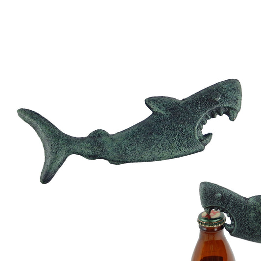 Cast Iron Attacking Shark Teeth Beer Bottle Opener Handheld Verdigris Green