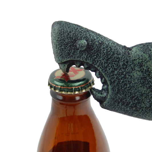 Cast Iron Attacking Shark Teeth Beer Bottle Opener Handheld Verdigris Green