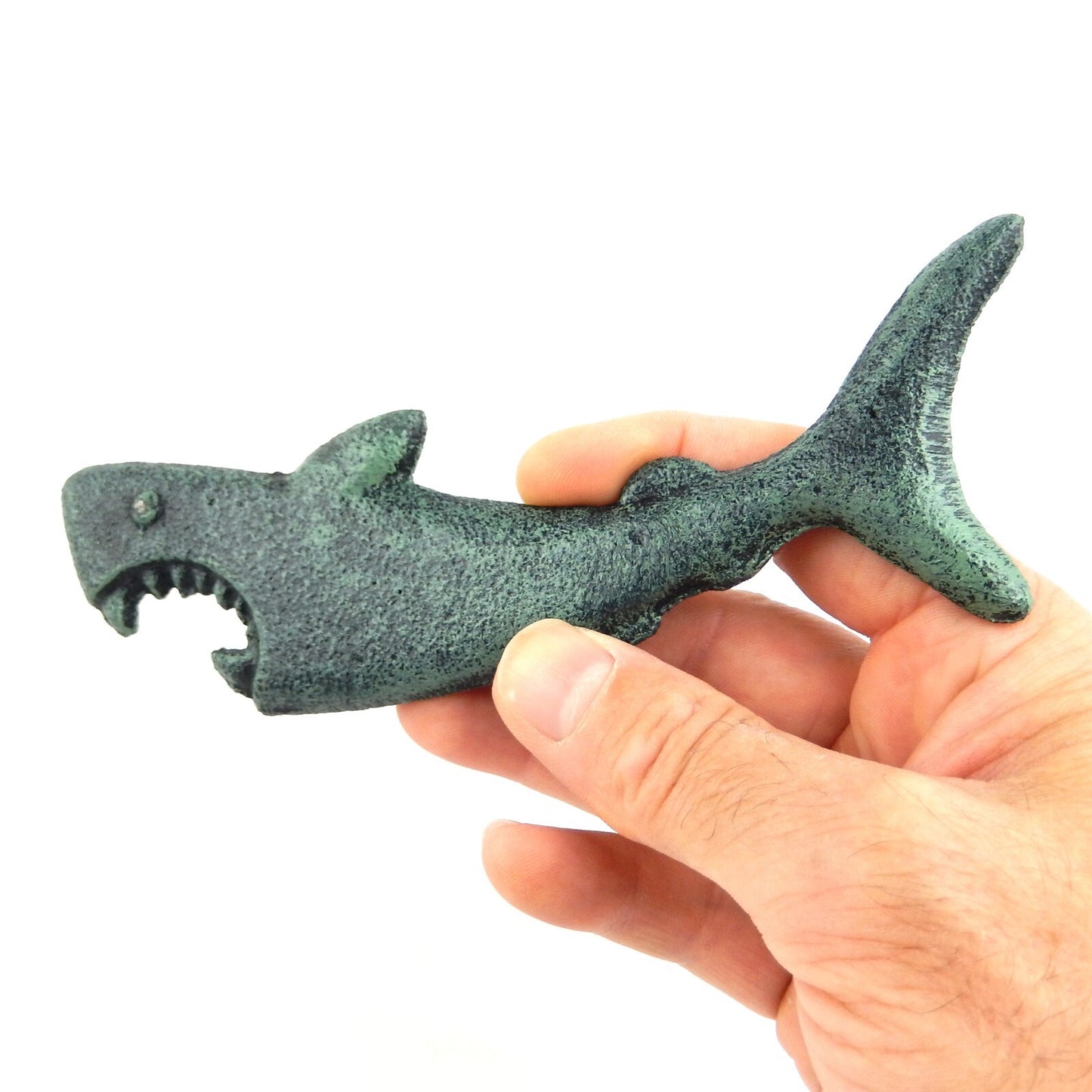 Cast Iron Attacking Shark Teeth Beer Bottle Opener Handheld Verdigris Green