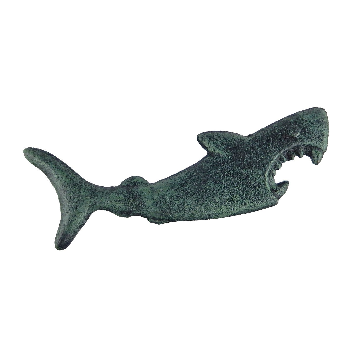 Cast Iron Attacking Shark Teeth Beer Bottle Opener Handheld Verdigris Green