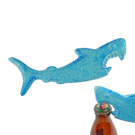 Cast Iron Attacking Shark Teeth Beer Bottle Opener Handheld Nautical Blue