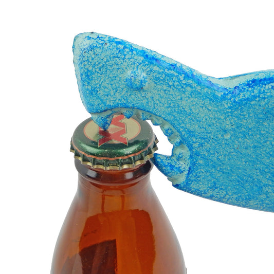 Cast Iron Attacking Shark Teeth Beer Bottle Opener Handheld Nautical Blue