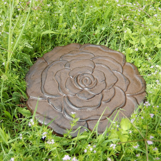Cast Iron Flower Rose Stepping Stone Garden Yard Pond Decor Rustic Brown 11 inch