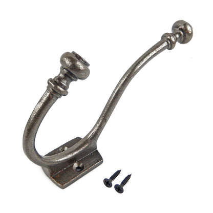 Gray Oil Rubbed Raw Cast Iron Fancy Double Wall Hook Hat Coat Towel Hanger 6 in
