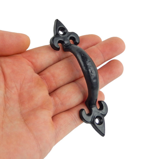 Small Tiny Cast Iron Fleur De Lis Cabinet Door Handle Drawer Pull Black 4 inch