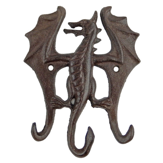 Cast Iron Dragon Triple Wall Hook Rack Key Hanger Fantasy Decor Rustic Brown