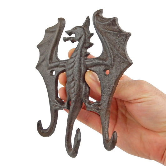 Cast Iron Dragon Triple Wall Hook Rack Key Hanger Fantasy Decor Rustic Brown