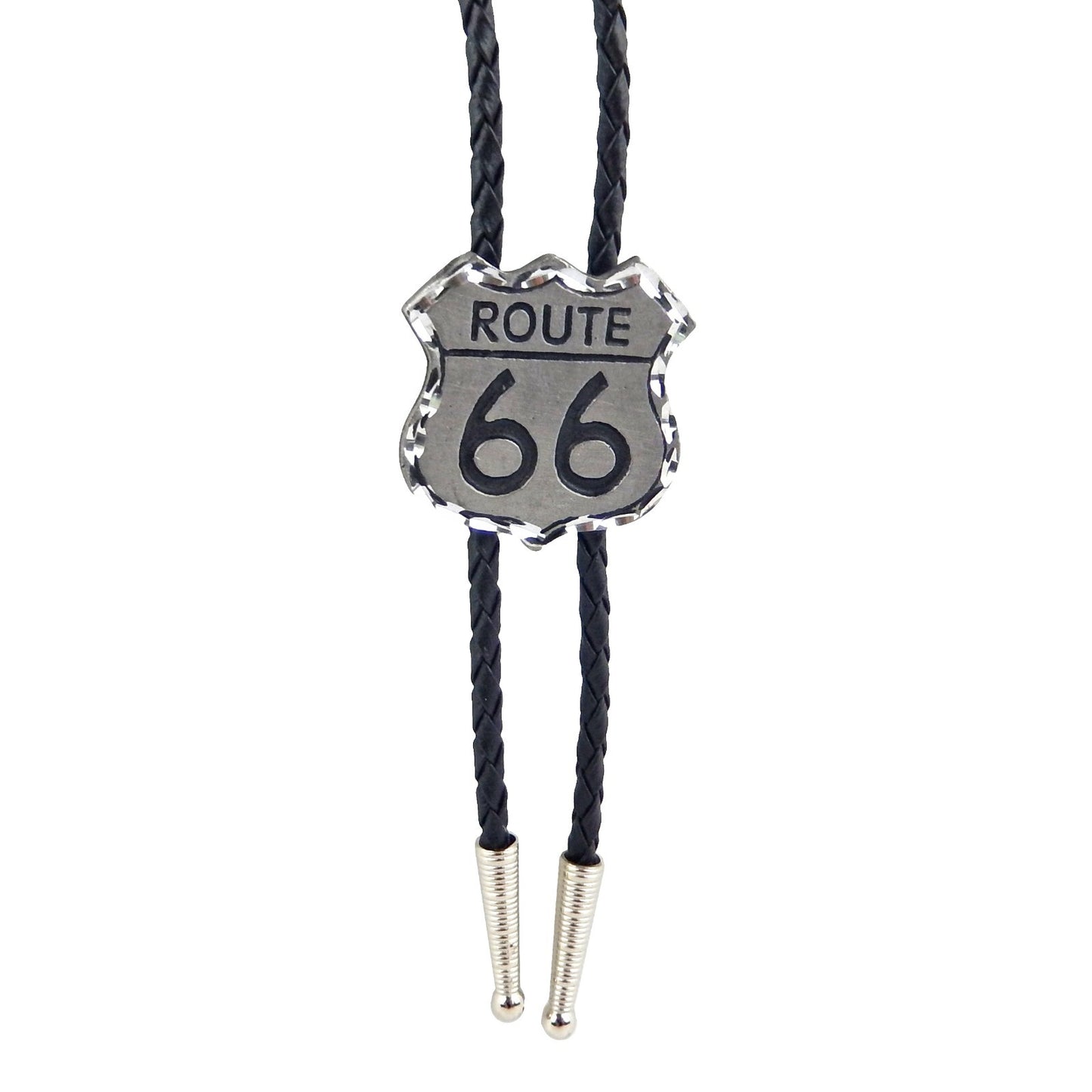 Western Silver Tone Route 66 Bolo Tie Adjustable 36 inch Black Cord Made in USA