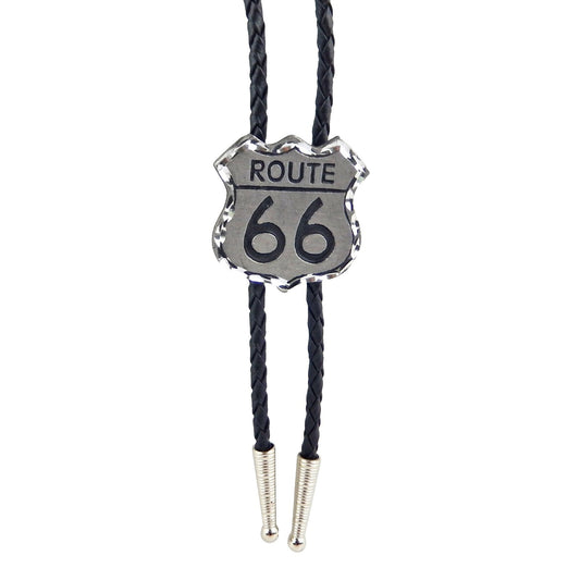 Western Silver Tone Route 66 Bolo Tie Adjustable 36 inch Black Cord Made in USA