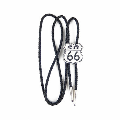 Western Silver Tone Route 66 Bolo Tie Adjustable 36 inch Black Cord Made in USA