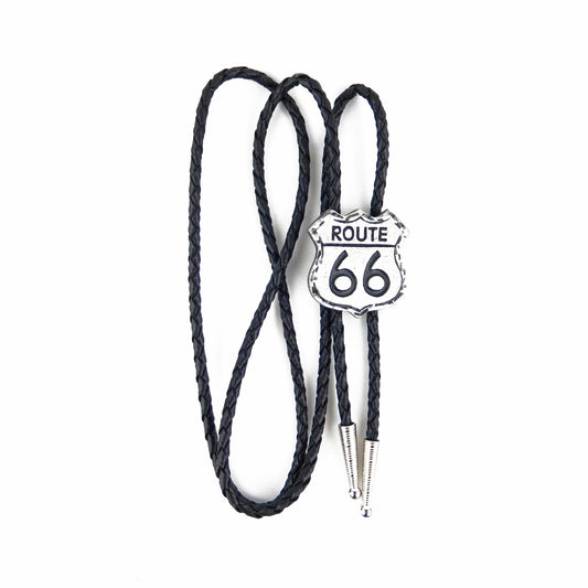 Western Silver Tone Route 66 Bolo Tie Adjustable 36 inch Black Cord Made in USA