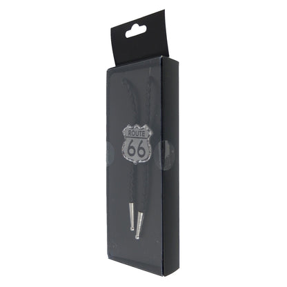 Western Silver Tone Route 66 Bolo Tie Adjustable 36 inch Black Cord Made in USA