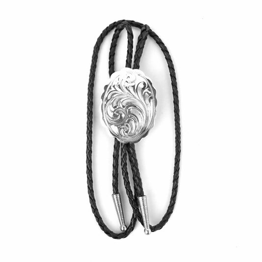 German Silver Engraved Floral Bolo Tie Adjustable 36 inch Black Cord Made in USA