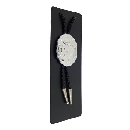 German Silver Engraved Floral Bolo Tie Adjustable 36 inch Black Cord Made in USA