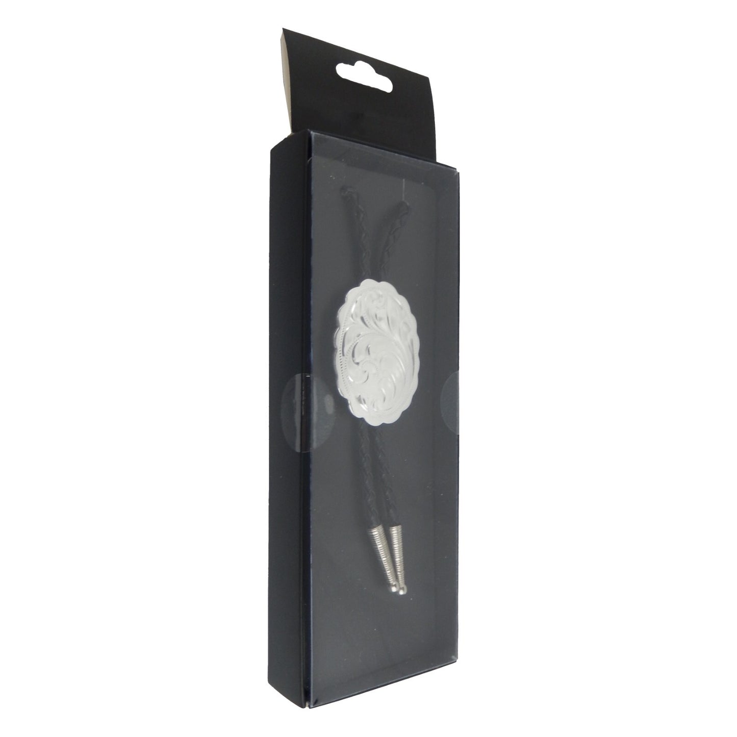 German Silver Engraved Floral Bolo Tie Adjustable 36 inch Black Cord Made in USA