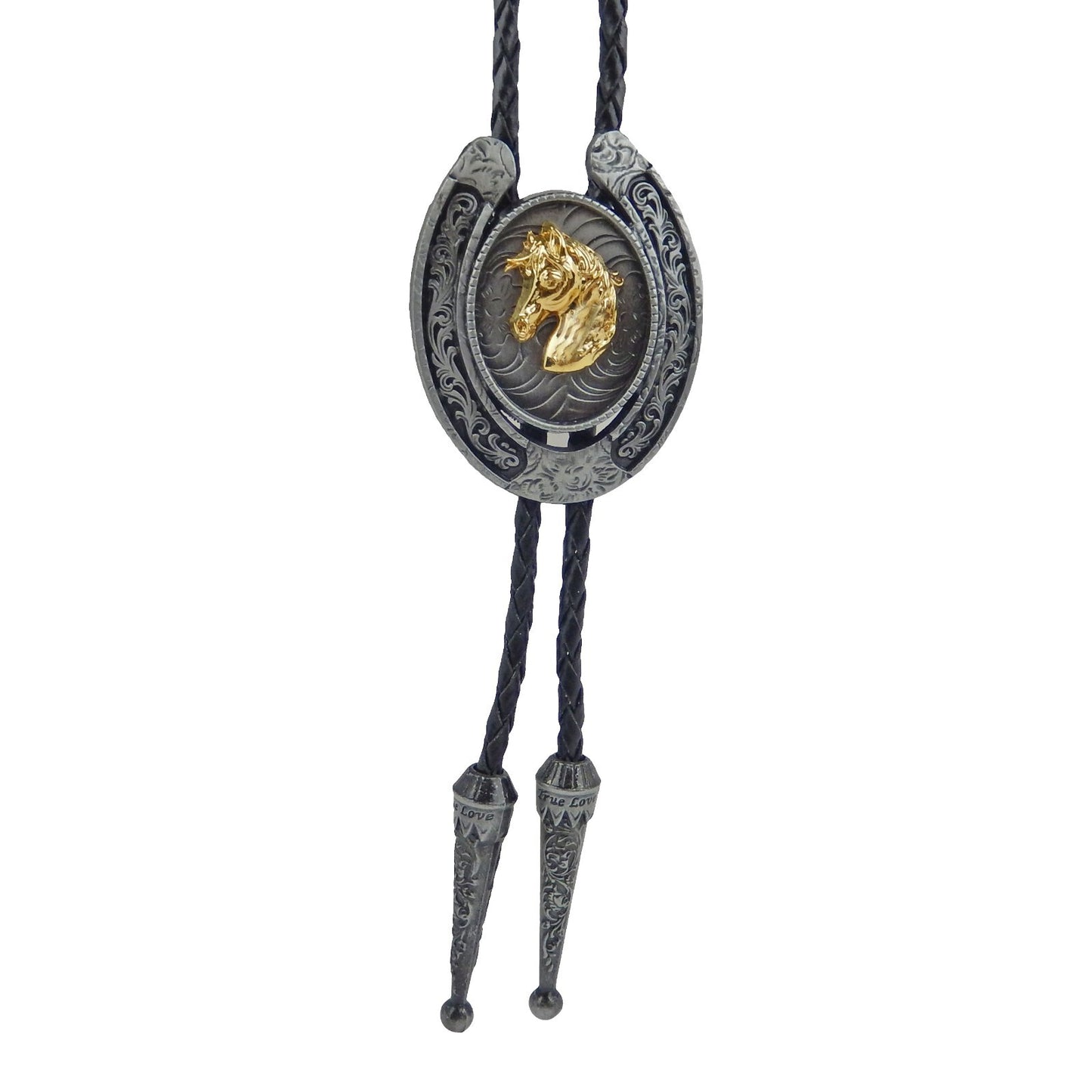 Western Floral Horseshoe Horse Head Bolo Tie 40 inch Black Cord Antique Silver