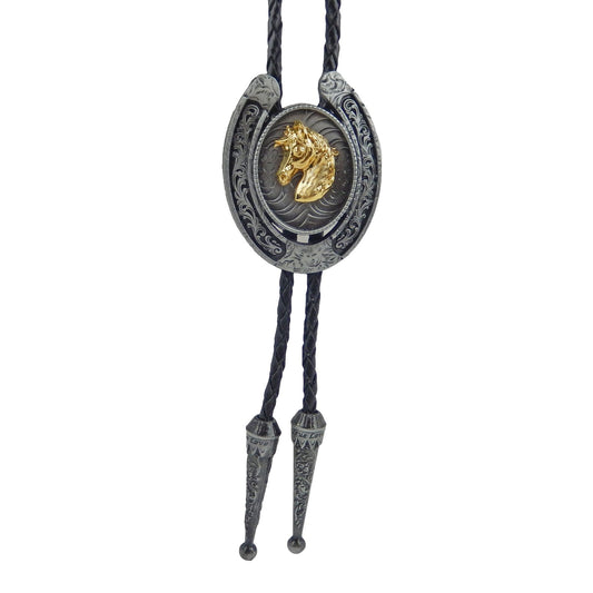 Western Floral Horseshoe Horse Head Bolo Tie 40 inch Black Cord Antique Silver