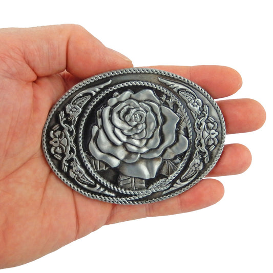 Western Women's Floral Rose Oval Belt Buckle Antique Silver Fits 1.5 inch Belts