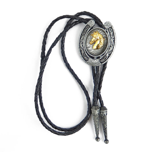 Western Floral Horseshoe Horse Head Bolo Tie 40 inch Black Cord Antique Silver